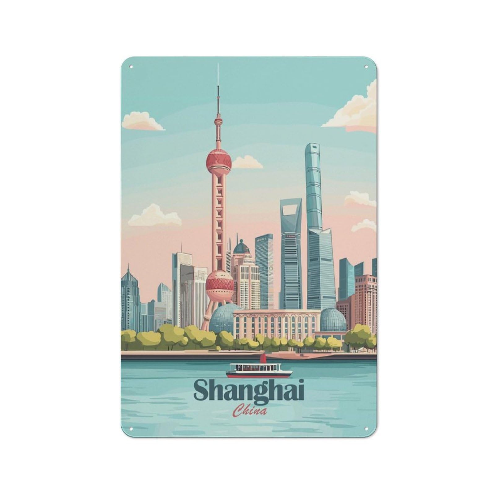 Junmoney Style-9 Rustic Tin Sign 30X20cm Featuring Shanghai Skyline(4) For Living Room Wall, For Room Styling Across Living Rooms And Feature Walls