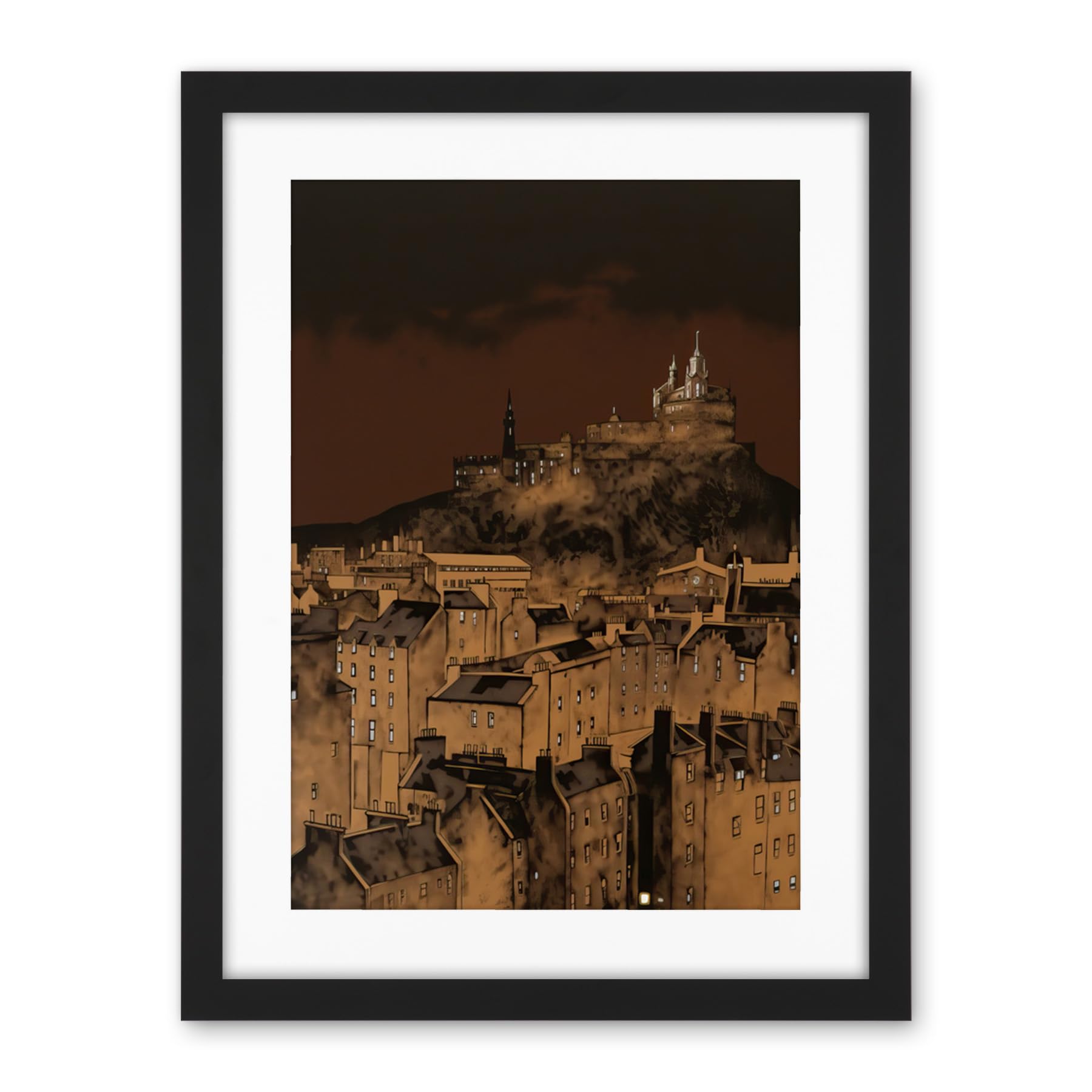 Artery8 Edinburgh Castle Over Old Town Cityscape at Night Artwork Framed Wall Art Print 18X24 Inch