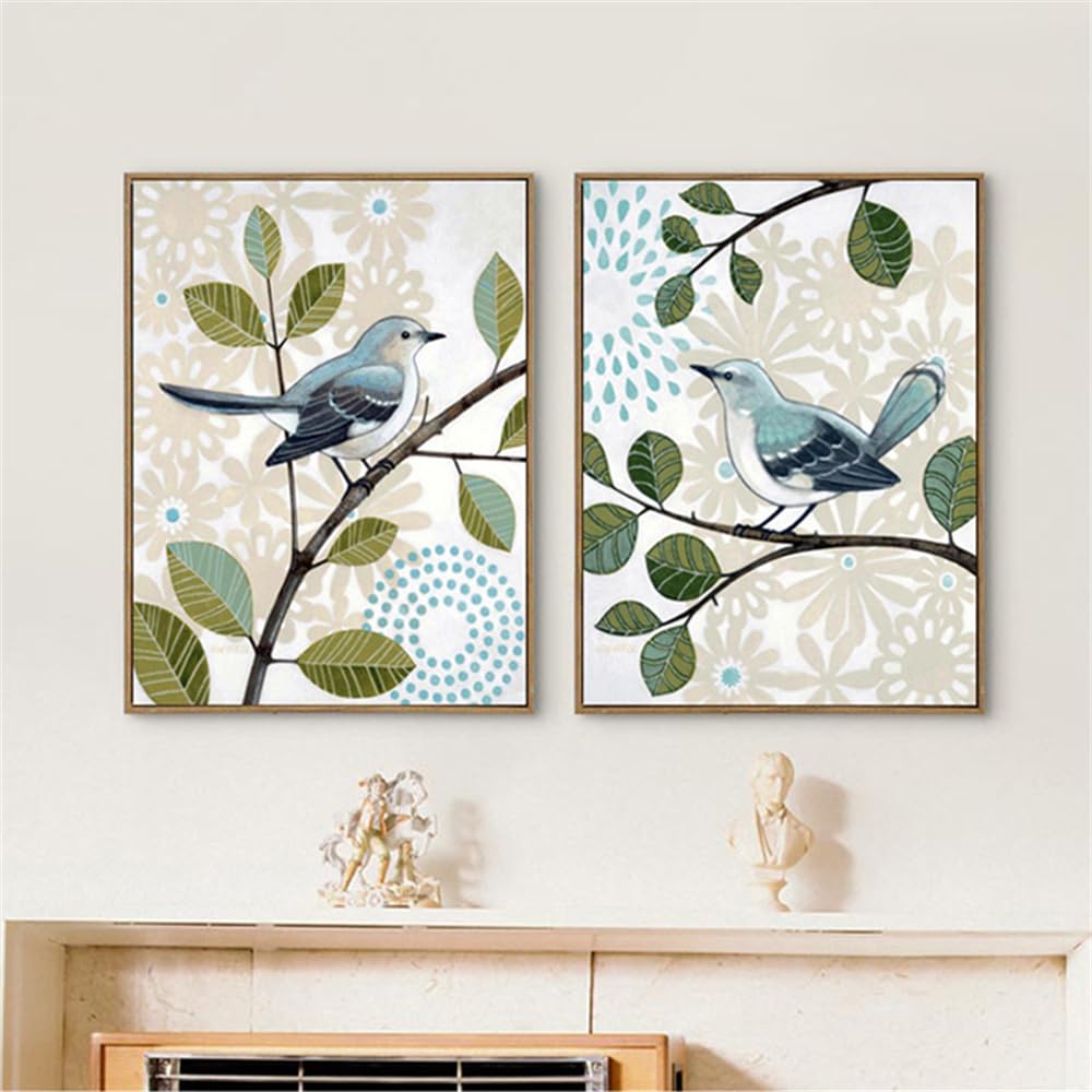 WUHBCZ Canvas Paints,Abstract Flower Green Plant Leaves Lovely Blue Birds Animal Print for Bedroom Home Wall Decor Canvas Painting Pastoral Poster Artwork-60 * 70cm*2PCS (No Frame)