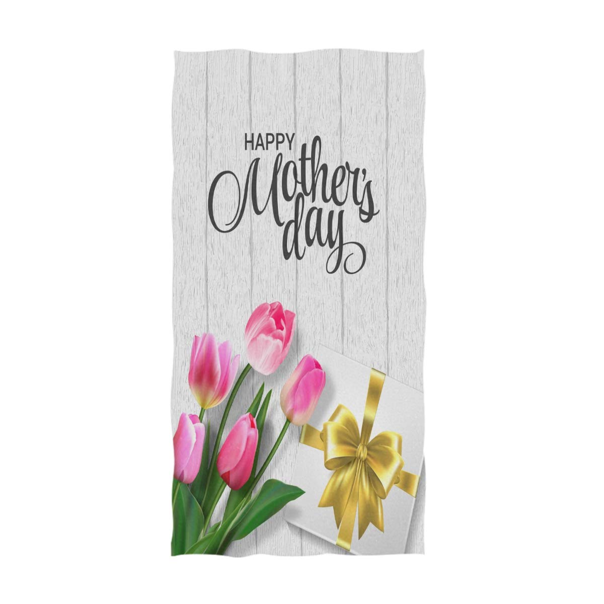 Naanle 3D Realisic Pink Tulips and Gift Box on Wooden Happy Mother's Day Soft Guest Hand Towels for Bathroom, Hotel, Gym and Spa (16 x 30 Inches)