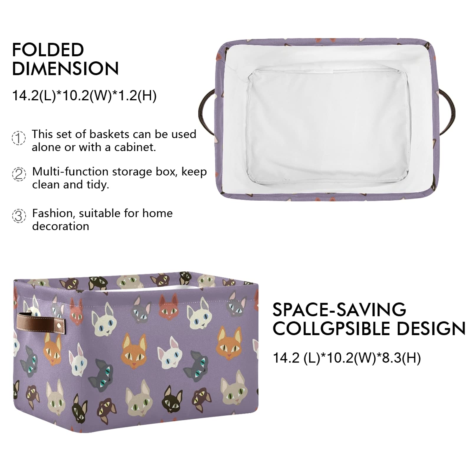 OTVEE Colorful Cat Purple Storage Basket, Small Collapsible Canvas Storage Bins for Clothes Toys