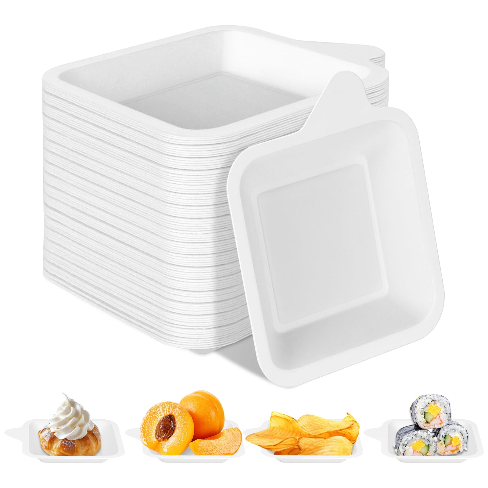 LeonBach Kleine Pappteller, 10,2 cm, Einwegteller, Zuckerrohr, Bagasse-Faser, weiß, quadratisch, Pappteller, Mini-Dessertteller, Papierteller, Vorspeisenteller für Party, Snack, Katzenfütterung, 200
