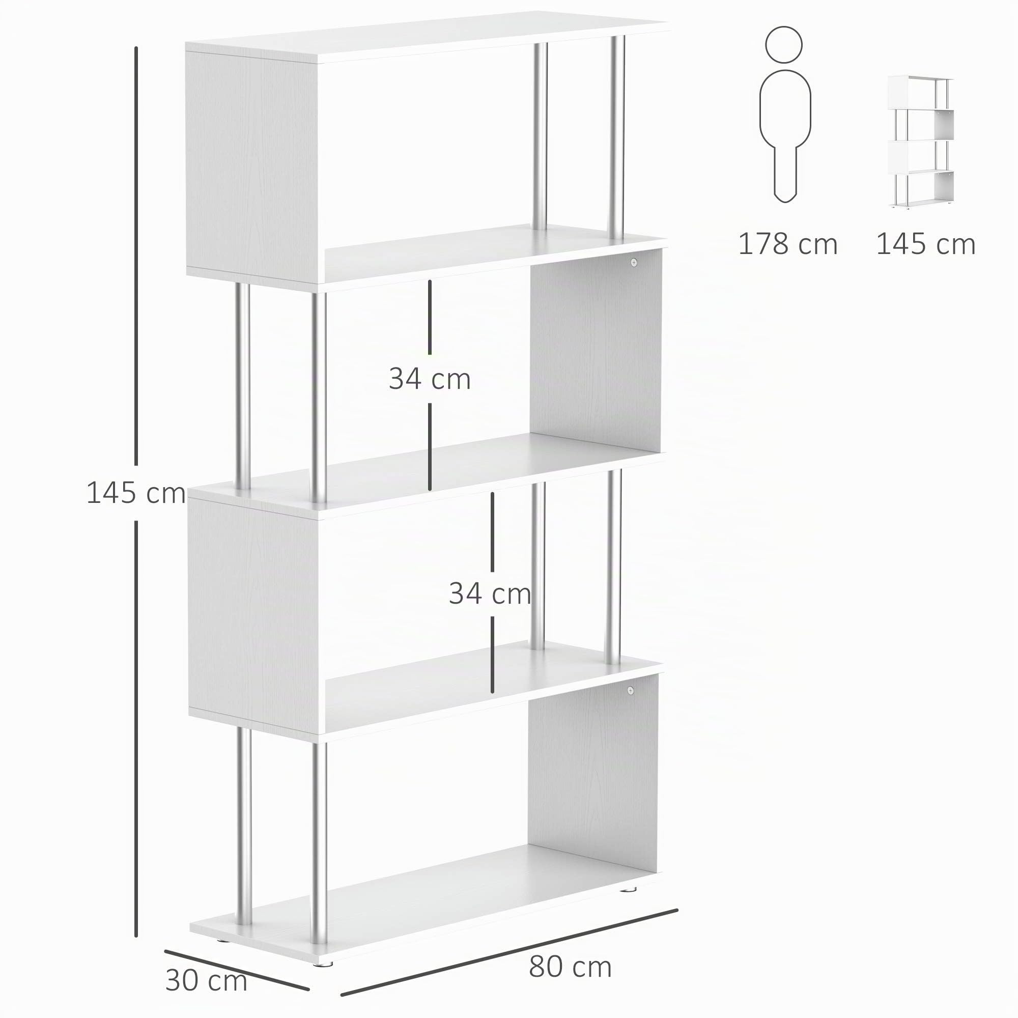 HOMCOM Bibliothèque étagère Design en S 4 Niveaux 80L x 30l x 145H cm Blanc | Contemporain