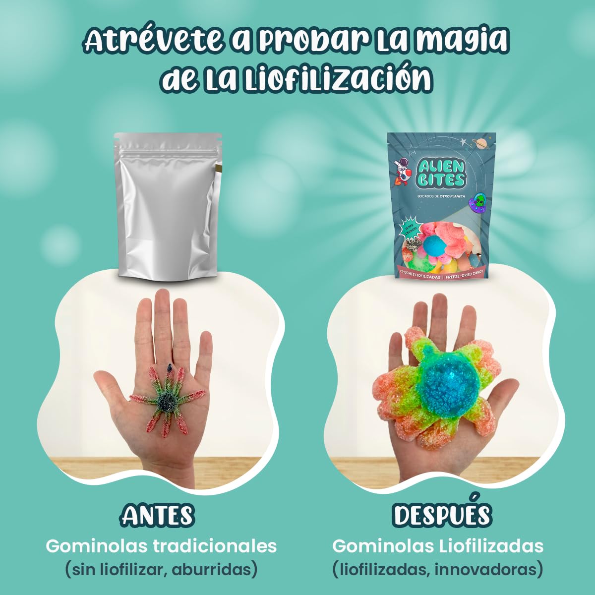 Alien Bites - Pack de 4 Bolsas de 50g de Chuches Liofilizadas - Gominolas Freeze Dried - Chuches para Cumpleaños, Regalos y Snacks - Sin Gluten (Pulpo, huevo, manzana, cola) (P1)