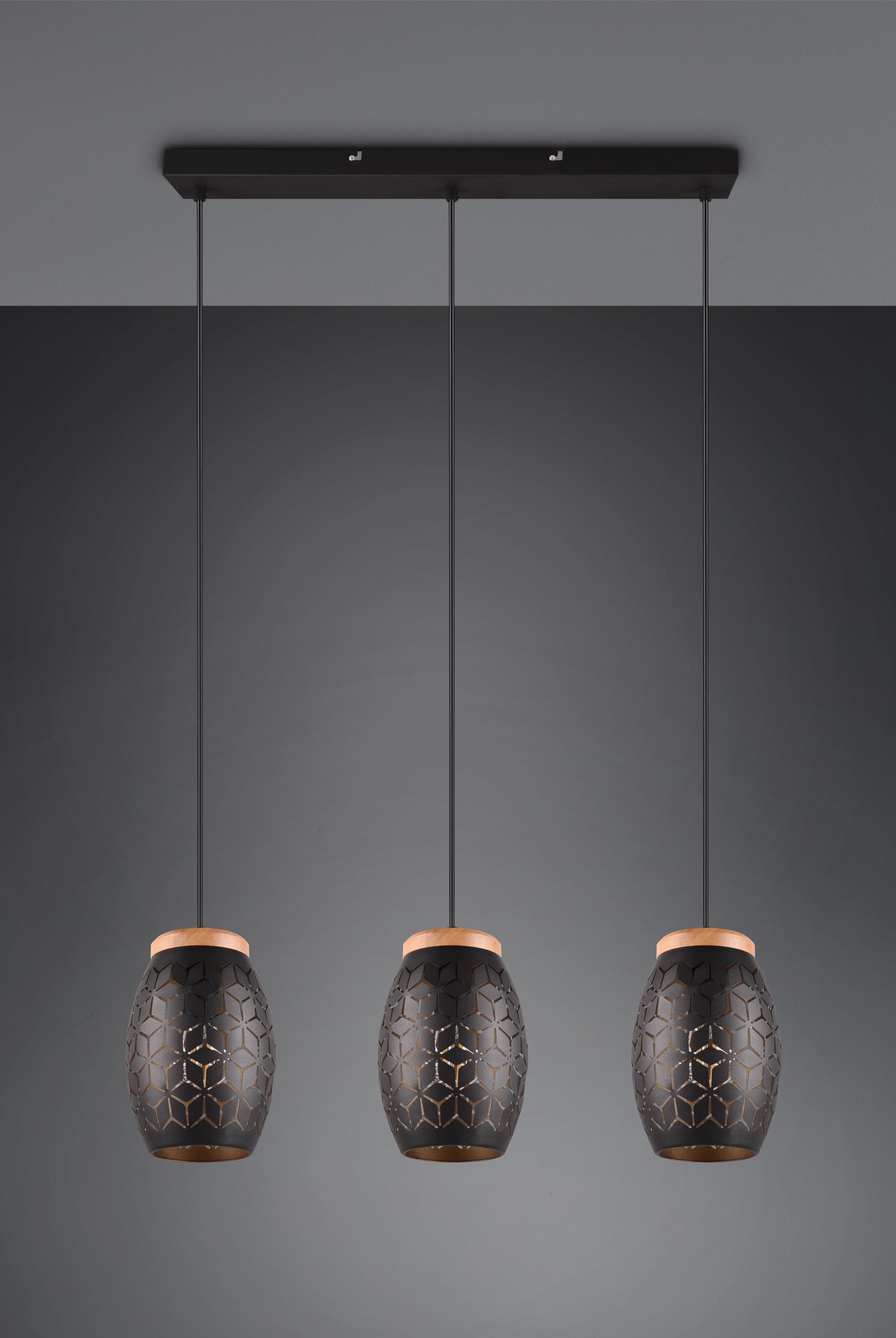 Reality Leuchten Pendelleuchte Bidar R31573080, Metall Schwarz matt, Holz naturbelassen, exkl. 3x E27