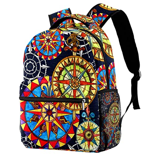 Sac à dos de voyage avec porte-bouteille et motif boussole pour loisirs des jeunes
