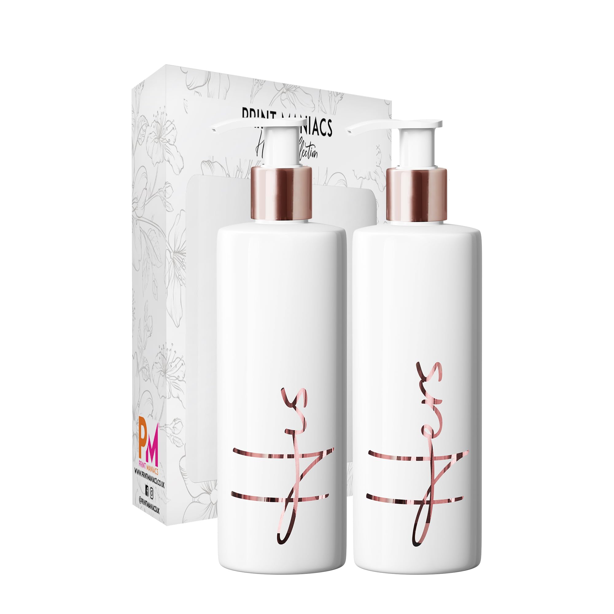 Print Maniacs White Mrs Hinch Inspired Personalised 500ml Bottles Bathroom Lotion Kitchen Shampoo Conditioner Rose Gold Pump (His Hers, F2) (Rose Gold) โ image 1