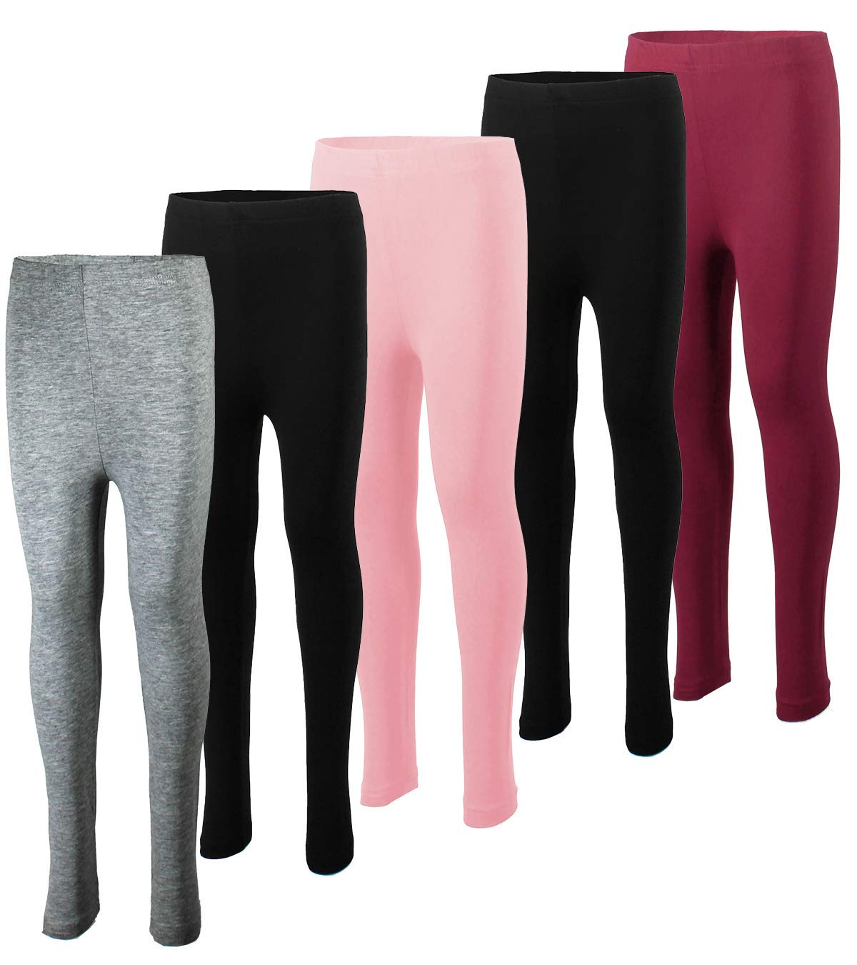 MISS POPULAR Paquete de 5 leggings para niñas, tallas 4-16, suaves, cómodos, de algodón y elastano con cintura elástica, muchos colores