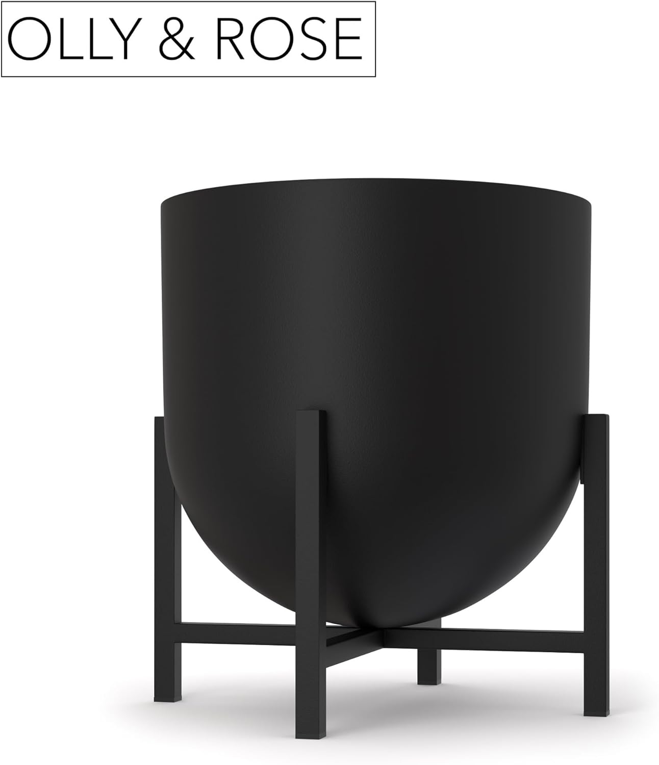 Olly & Rose Plant Pot with Plant Stand - Metal Plant Pots Indoor Planter 22cm Large Flower Pot (Black)