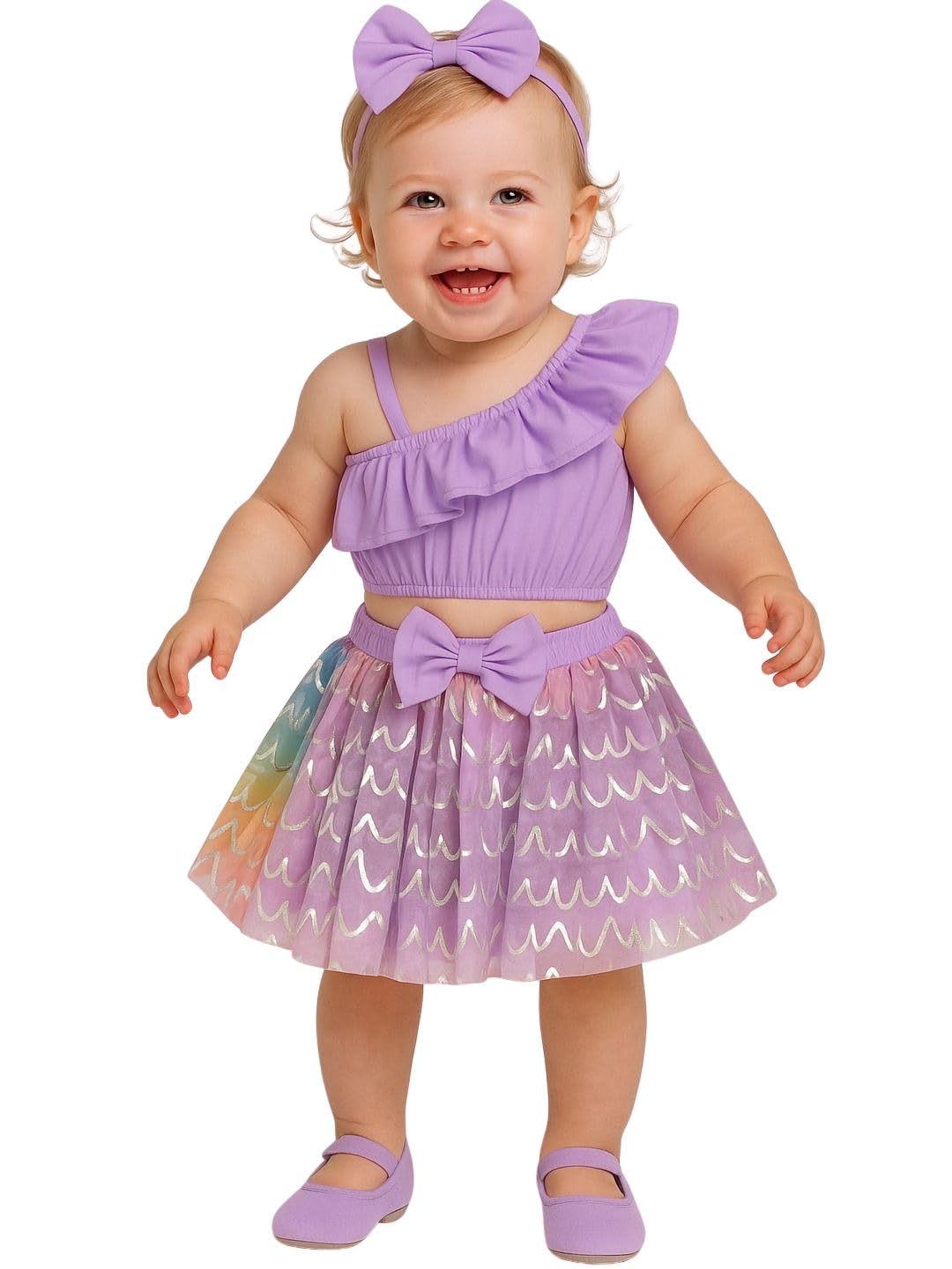 A.T.U.N. (ALL THINGS UBER NICE) Baby Girls One Shoulder Crop Top with Printed Skirt & Matching Headband Set | 3 Piece Outfit Set for Kids