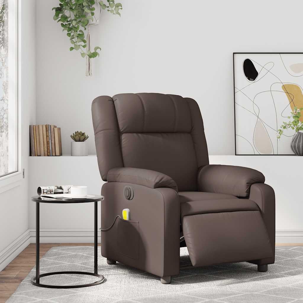 Massagesessel Elektrisch Braun Kunstleder mit 6-Punkt-Vibrationsmassage, Verstellbarer Rückenlehne und Fußstütze, Bequemer Polstersessel mit Holz-Metall-Gestell für Wohnzimmer Büro Lounge