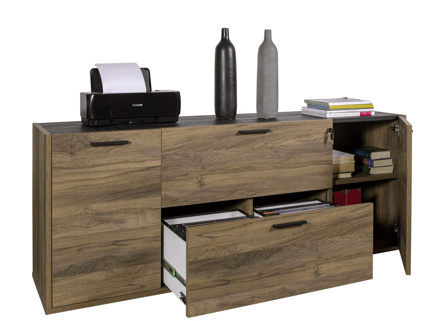Composad | Cassettiera della Linea DAVINCI BRERA con 2 Ante, 2 Cassetti e Serratura, Mobile Archivio, (LxAxP) 187,4x73x44,2 cm, Noce Brera e Nero Chalet, per Studio, Ufficio, Made in Italy
