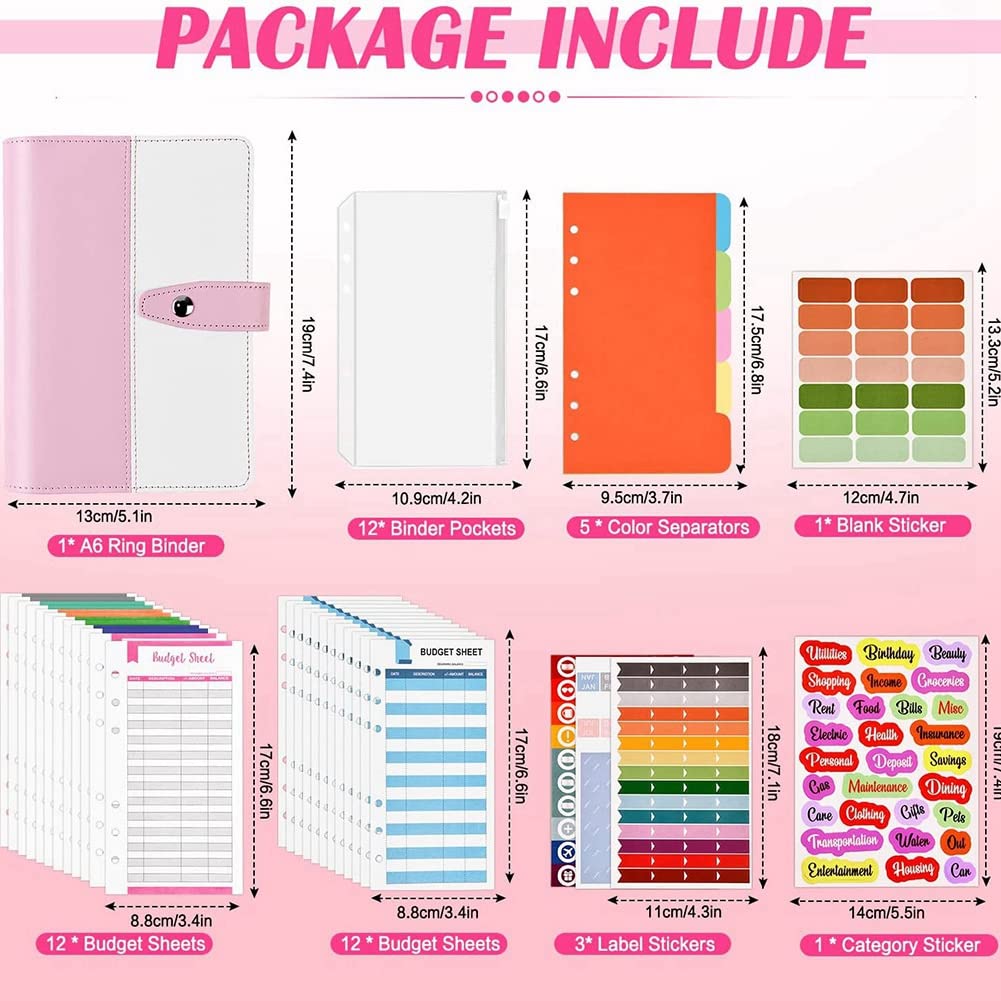 Uquelic Budget Binder Planner geldbesparende portemonnee - 65 stuks A6 PU ringmap, gaten geponste ringzakken - spaargeld enveloppen met rits, onkosten budgetvellen (bruin