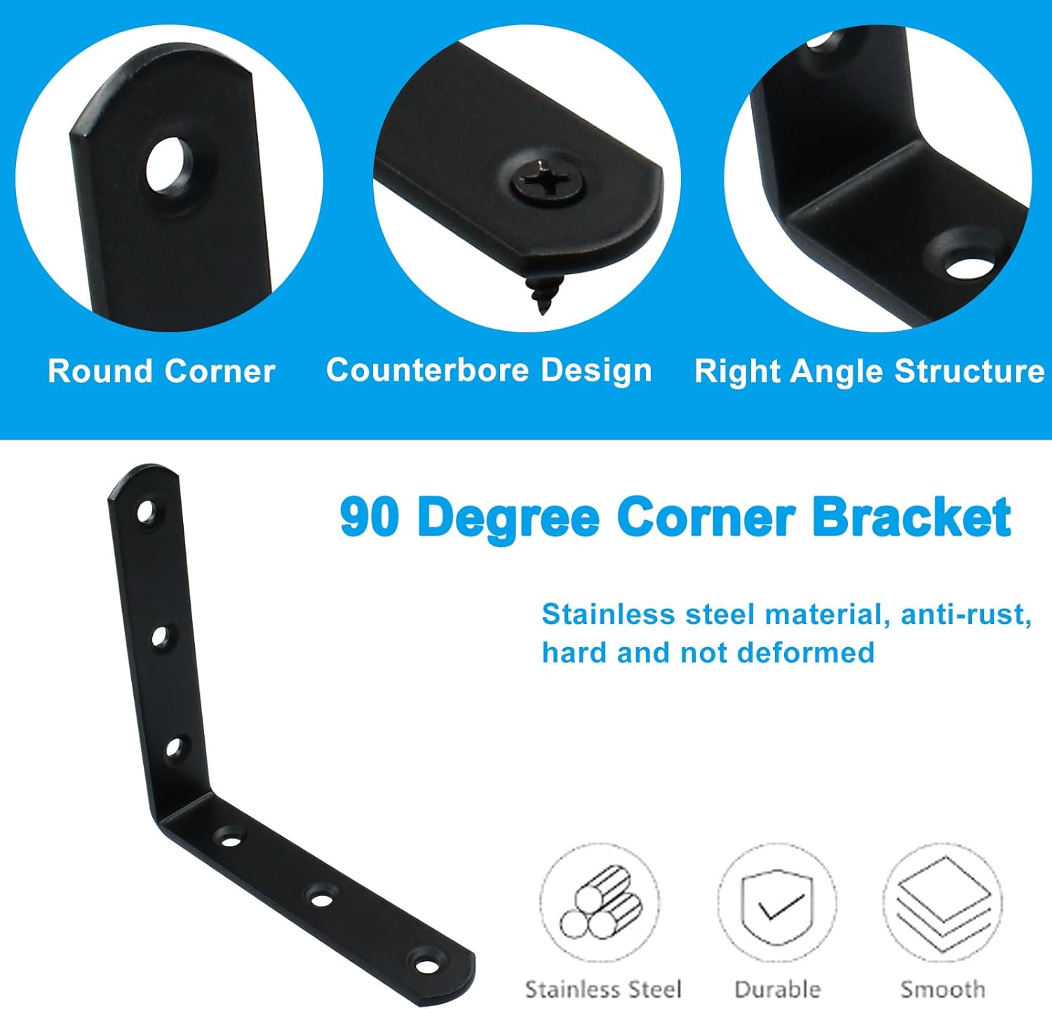 8 Pack L Bracket Corner Brace - 90 Degree Angle Stainless Steel Corner Bracket - Angle Shelf Support Corner Braces for Wood Furniture Chair Drawer Cabinet - 4" x 4" - Black