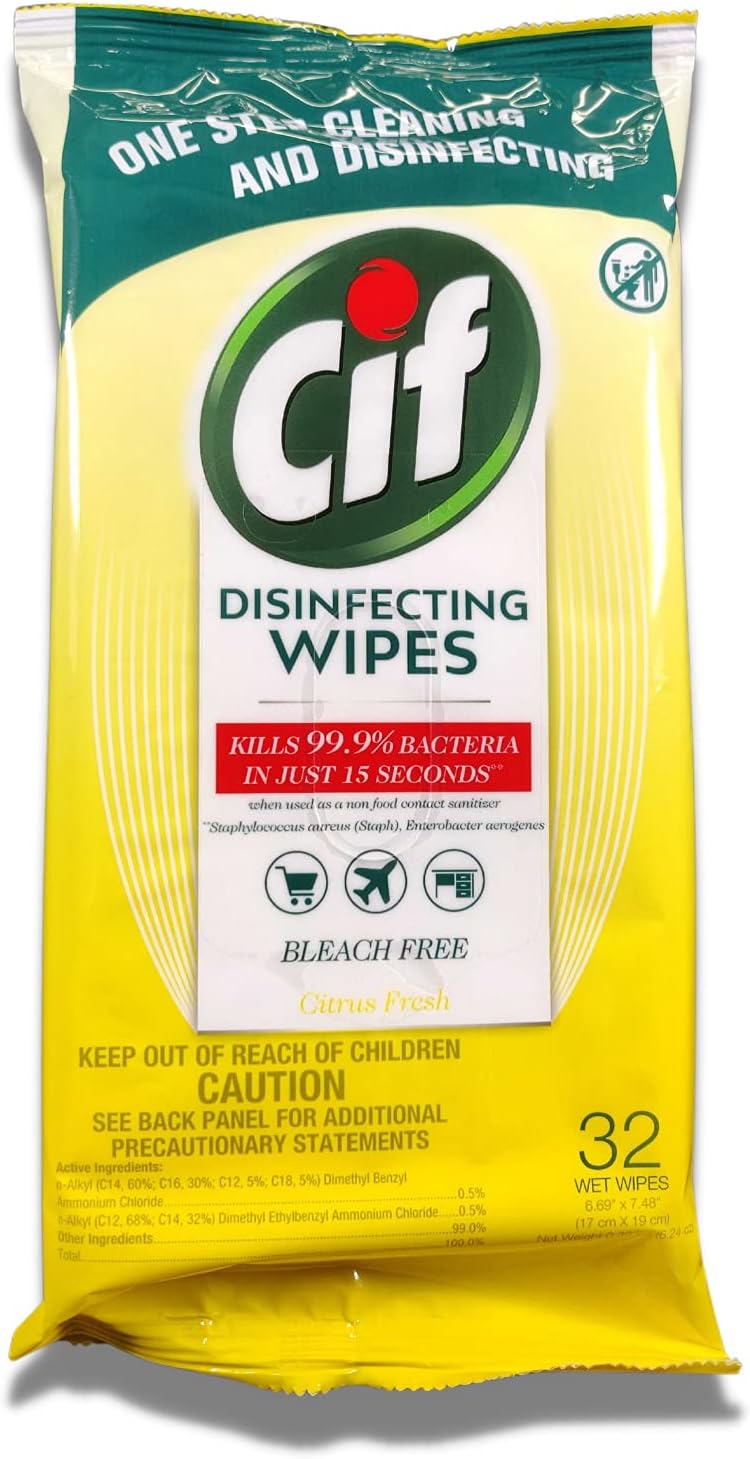 Cif Multi Surface Disinfecting Hand Wet Citrus Wipes for All Hard Non Porous Surfaces, Remove 99 Percent of Diseases, 32 Count
