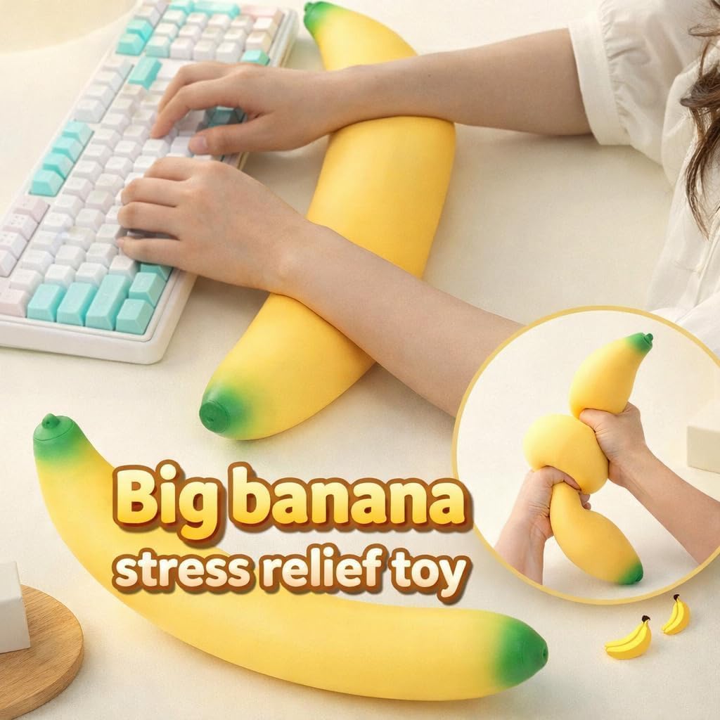 Jumbo Banana Squishy Fidget Toy, Easy Squeezy Giant Stretchy Banana, Soft PU Foam for Stress Relief and Enhancement for Work School (Yellow-2pc)