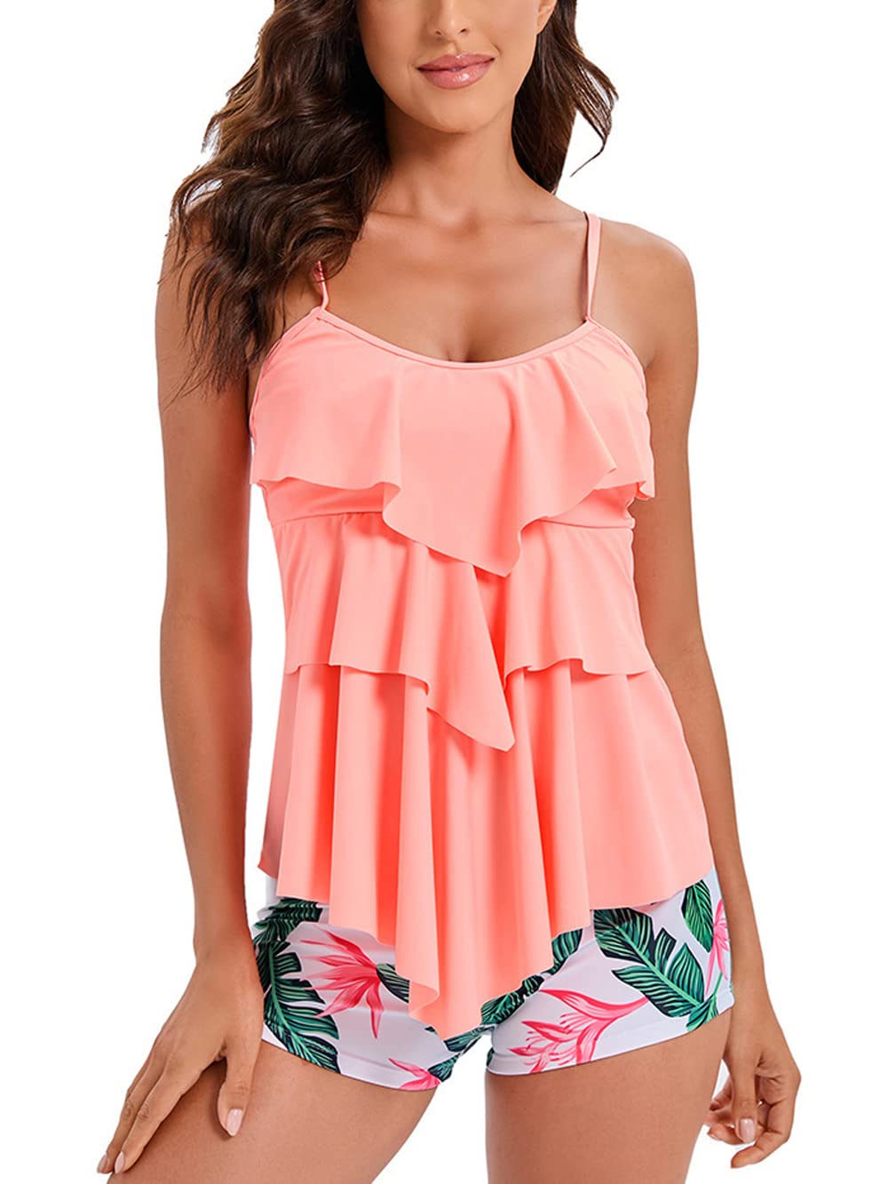 FLYILY Damen Zwei Stücke Tankini Rüschen Volant Geschichtet Bademode mit Boy Legs Shorts Rüschen Große Größen Bademode Badeanzug
