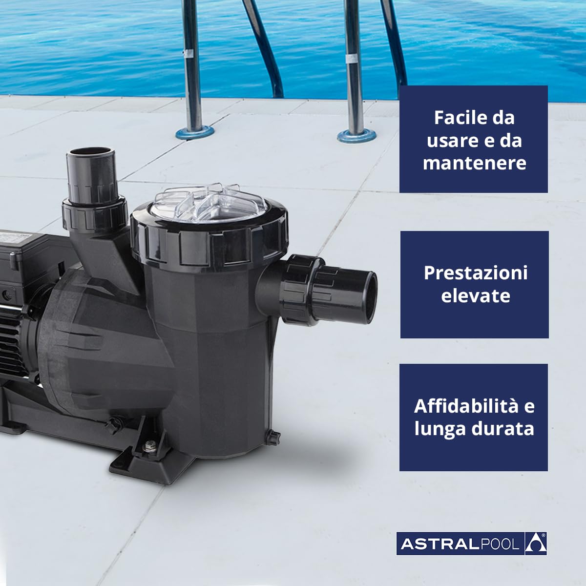 POMPA PER PISCINA VICTORIA PLUS 1.5 HP ASTRALPOOL MONOFASICA 21.500 l/h 1,10 kW (1,5 CV) 230 V II Livello di sonorità basso: tra 61 dBA - 70 dBA. 3 anni di garanzia, peso 14 kg, volume M3: 0,07