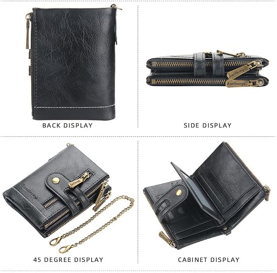 Mens Wallet with Chain, PU Faux Leather Bifold Wallet for Men Double Zipper Coin Pocket Purse Double Anti-Theft Men Gift-Black