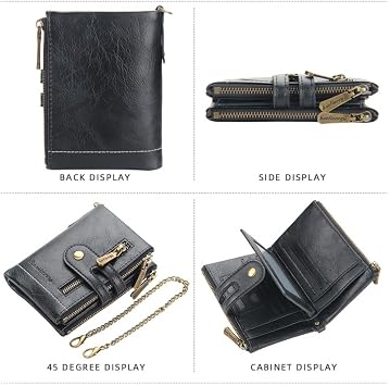 Mens Wallet with Chain, PU Faux Leather Bifold Wallet for Men Double Zipper Coin Pocket Purse Double Anti-Theft Men Gift-Black