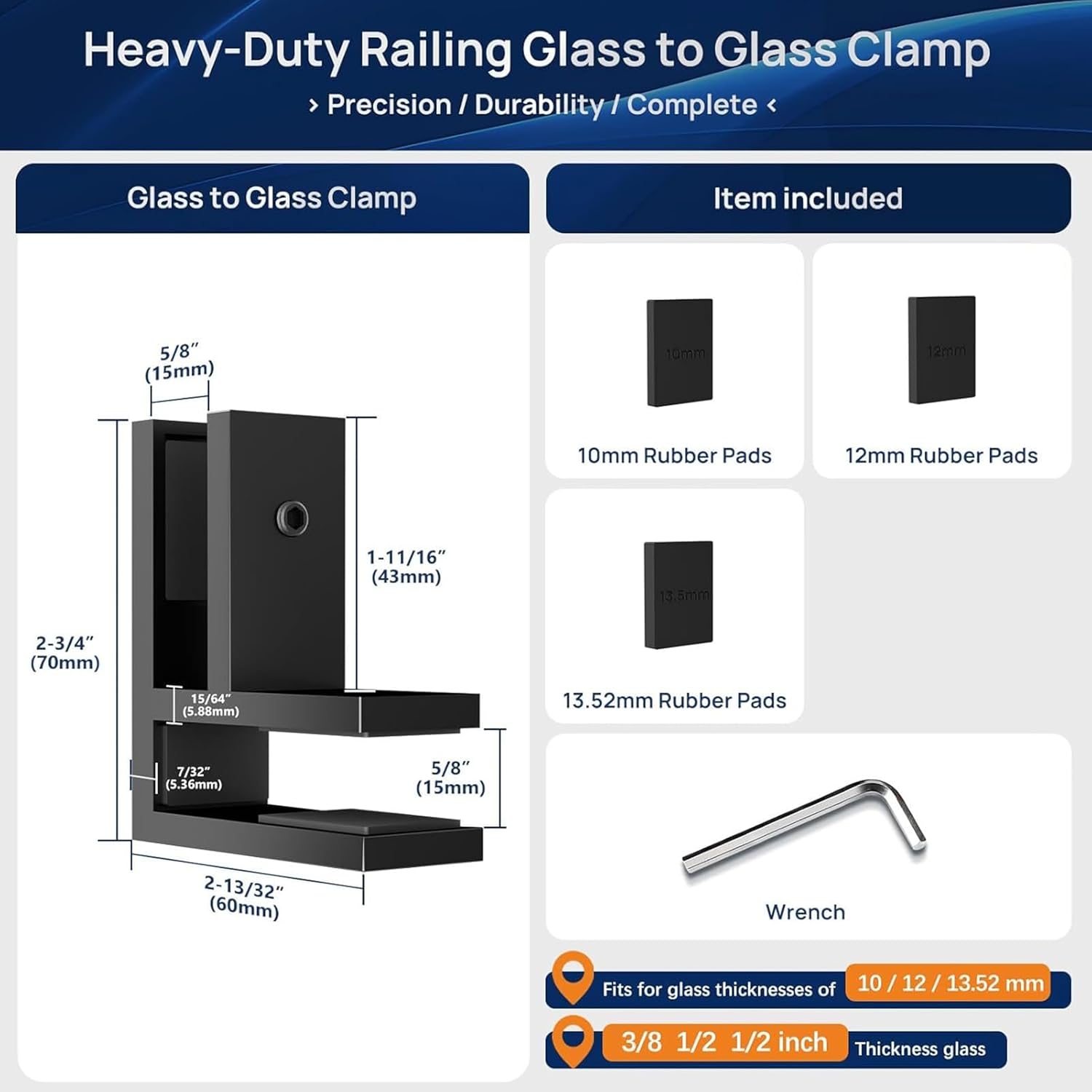 12 Pack 90 Degrees Outdoor Railing Glass to Glass Clamp Fit for 10mm-13.52mm, SS304 Clamp Clips Bracket Hardware Rail System for Balcony, Deck, Balustrade