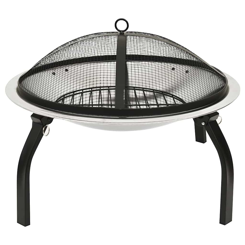 Brasero y parrilla 2 en 1 de acero inoxidable, 56 x 56 x 49 cm, con protección contra chispas, atizador, patas plegables para exteriores, terraza y jardín, calor y llama
