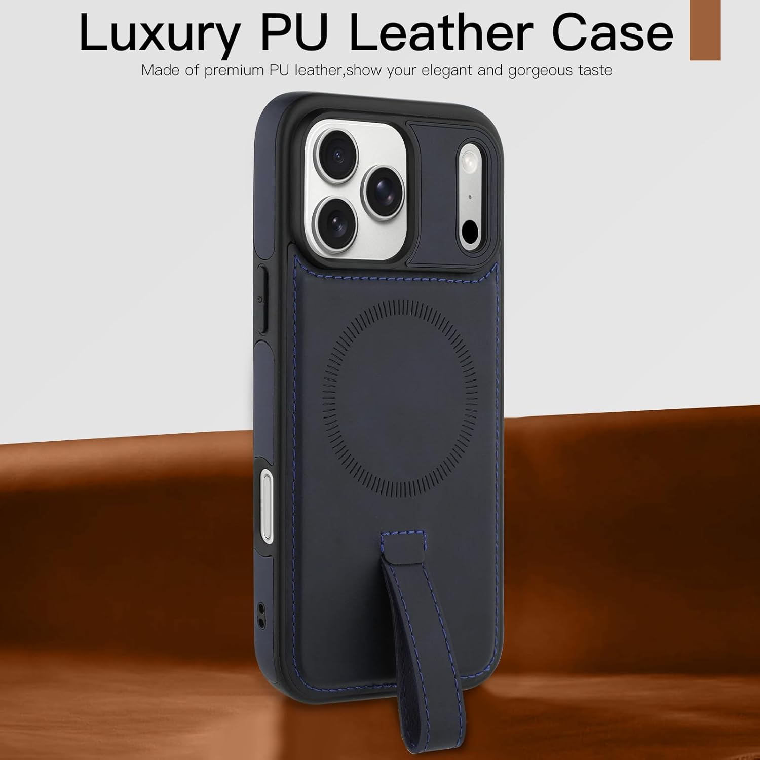 SOKAD Compatible with iPhone 17 Pro Max Leather Case with Finger Strap Luxury Vintage Design for Men Women, Compatible with Magsafe, Slim Anti-Slip Protective Phone Cover for 17 Pro Max, Blue