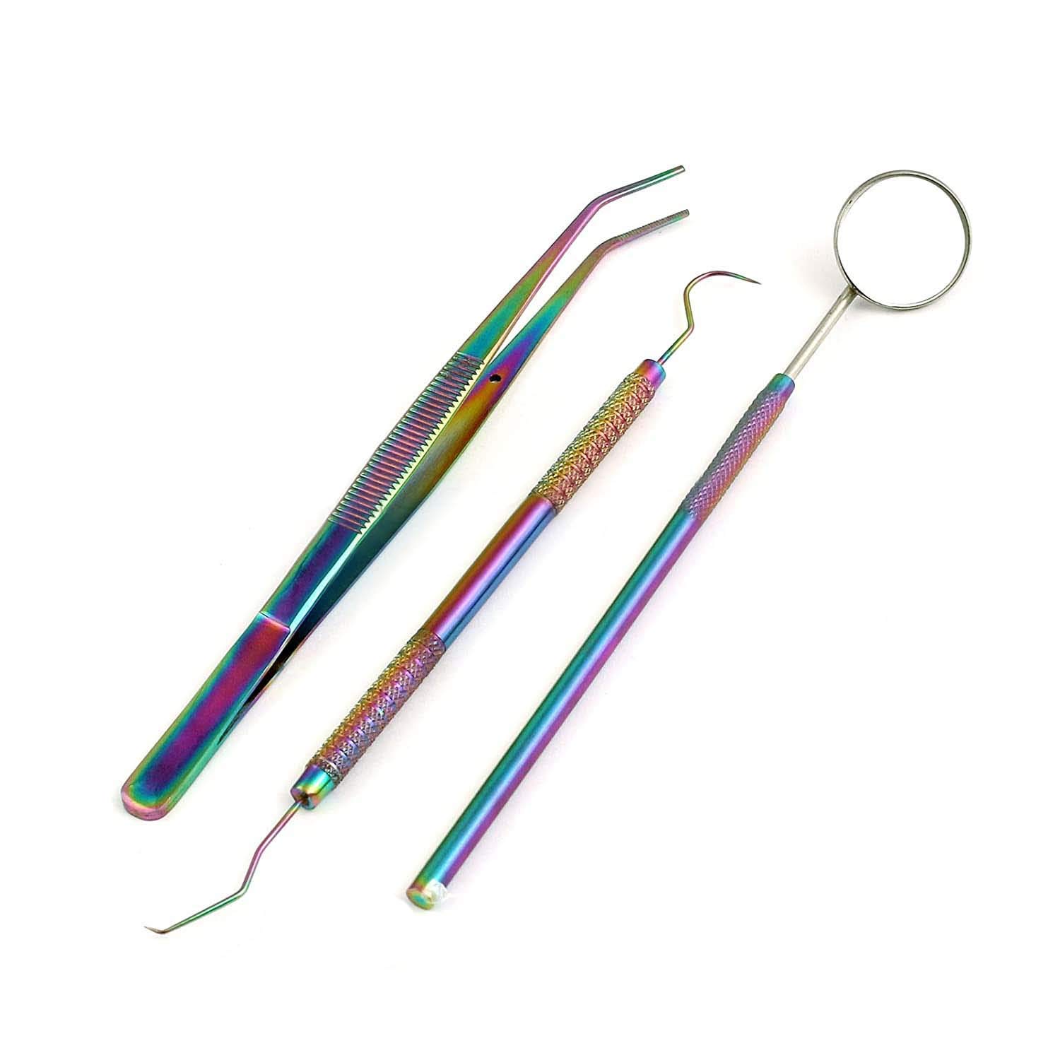 AAProTools Dentists Tools Kit 3 in 1 Dental Care Dental Hygiene Tools Kits Stainless Steel Dental Pick Tweezers Pliers Fog-Less Mouth Mirror Rainbow Color