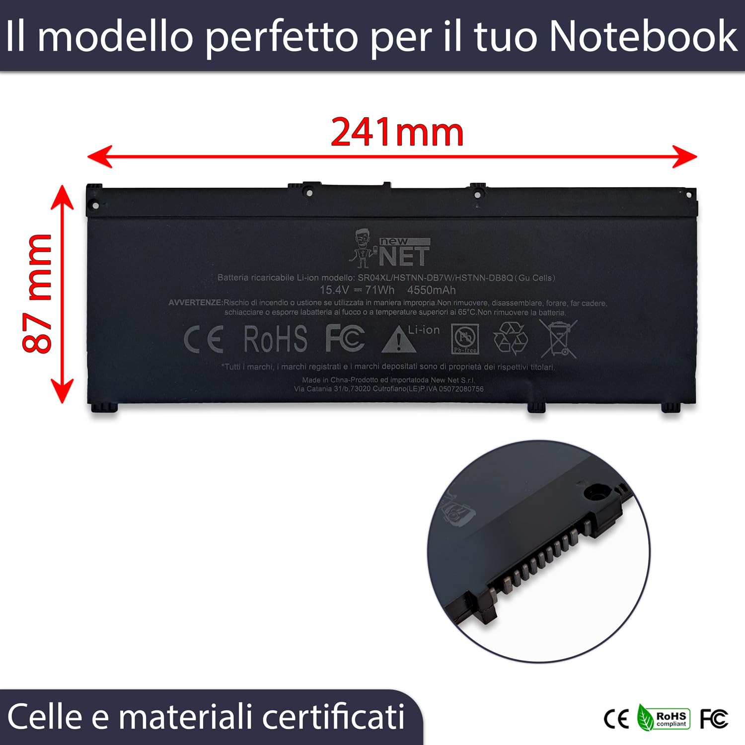 new net - Batteria Premium SR04XL Compatibile con HP OMEN 15-ce098tx, 15-ce099tx, 15-ce198wm, 15-ce199nr, 15-ce500tx, 15-ce501tx, 15-ce502tx [Celle altissima qualità 15.4V - 70Wh - 4550mAh]