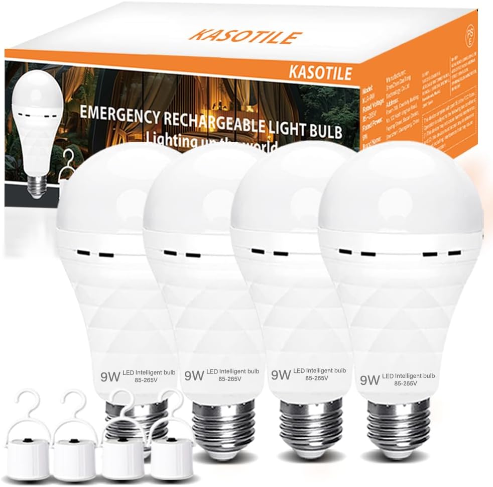 A19 Emergency Rechargeable Light Bulbs, 9W Led Bulb 60 Watt Equiv.1200mAh Battery Operated LED Light Bulb, E26/E27 6000K Self-Charging Light Bulb for Power Outage Camping Indoor (4 Pack)