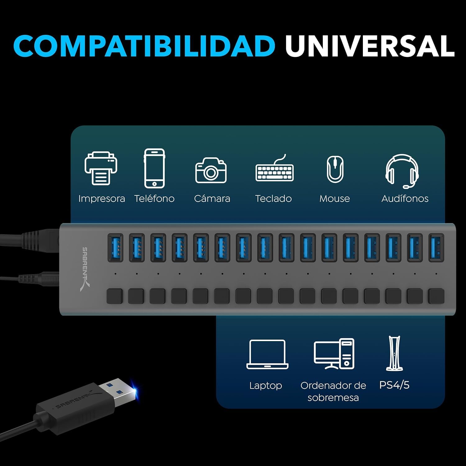 SABRENT Hub de 16 Puertos USB y con interruptores de alimentación Individuales y LED | USB 3.0 | Estación de Carga | Incluye Adaptador de Corriente de 90W | para PS5, Xbox, PC, Gaming [HB-PU16]