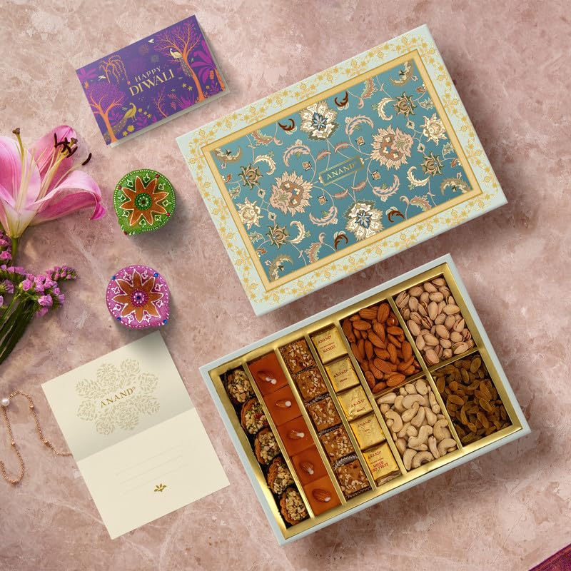 Image of ANAND Sweets Diwali Premium Dry Fruits WOODEN GIFT BOX | Assorted Dry Fruits (775g) + Sweets + Diya + Greeting card Combo set | For Family and Friends | No Preservative