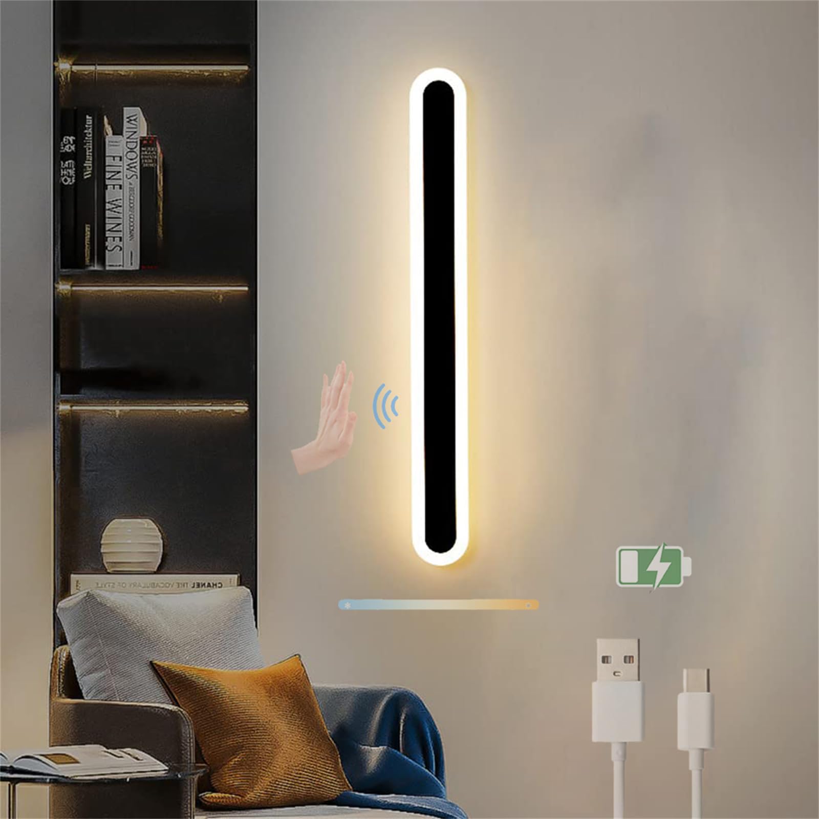 HYJAUSXB Rechargeable LED Wall Lamp with Motion Sensor 3 Color Modes Dimmable USB Powered Battery Operated Indoor Sconce Lighting for Kitchen Black 80cm