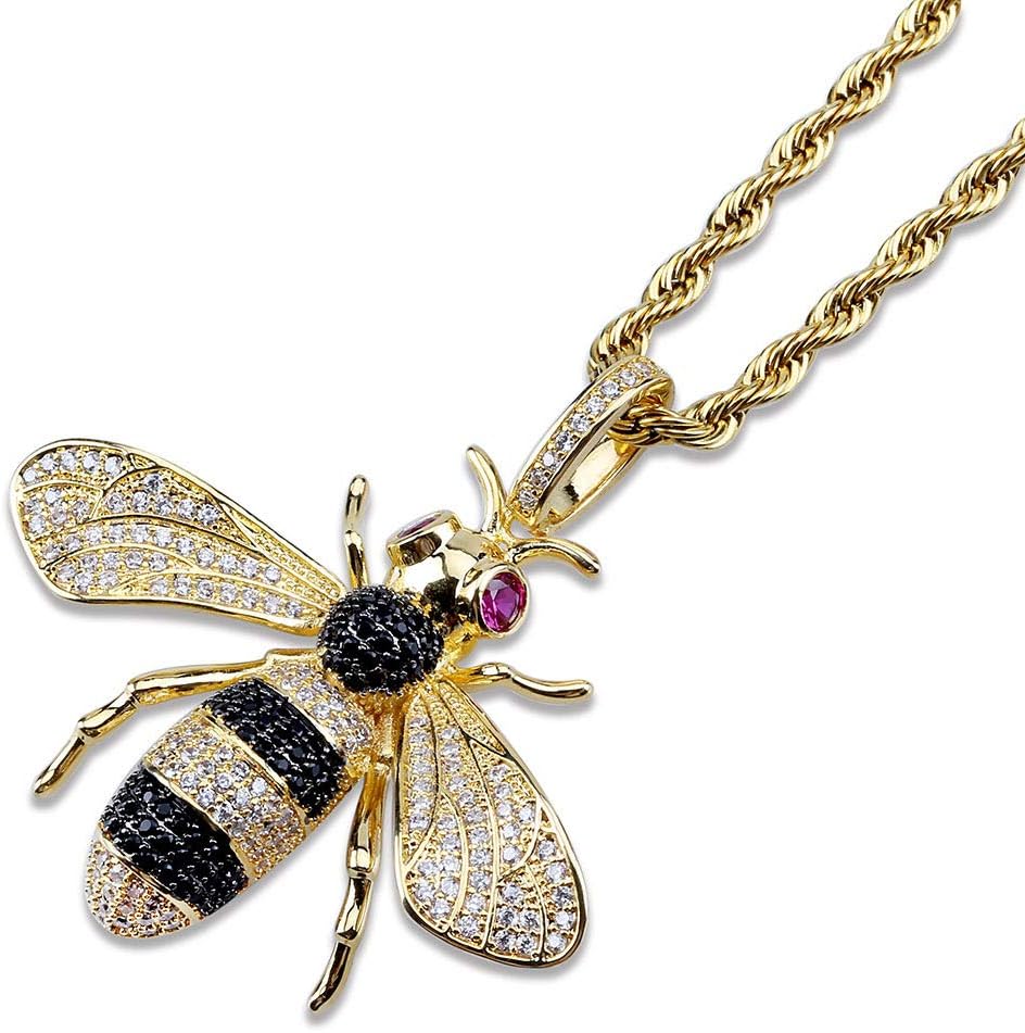 Jewelry Unisex Hip Hop Iced Out Bling 14K Gold Plated Bee Pendant Necklace with 24 inch Rope Chain for Men Women (Gold)