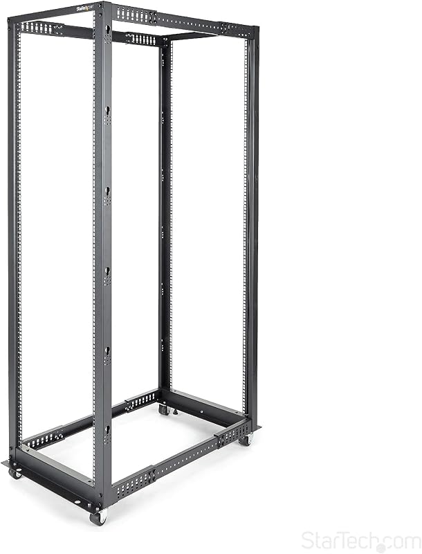 StarTech 42U 4-Post Open Frame Rack, 19in, 22-40in, 1323lb/600kg | Mobile or floor mount IT rack, Cage nuts & screws, U & depth markings, Cable management, 80.3in tall