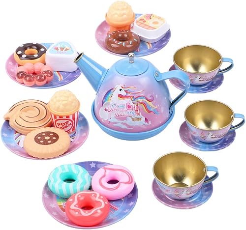Miniatura 8 de Juego de 27 piezas de fiesta de té para niños para niñas pequeñas juego de té de lata estuche de transporte y comida dulces juego de té de princesa