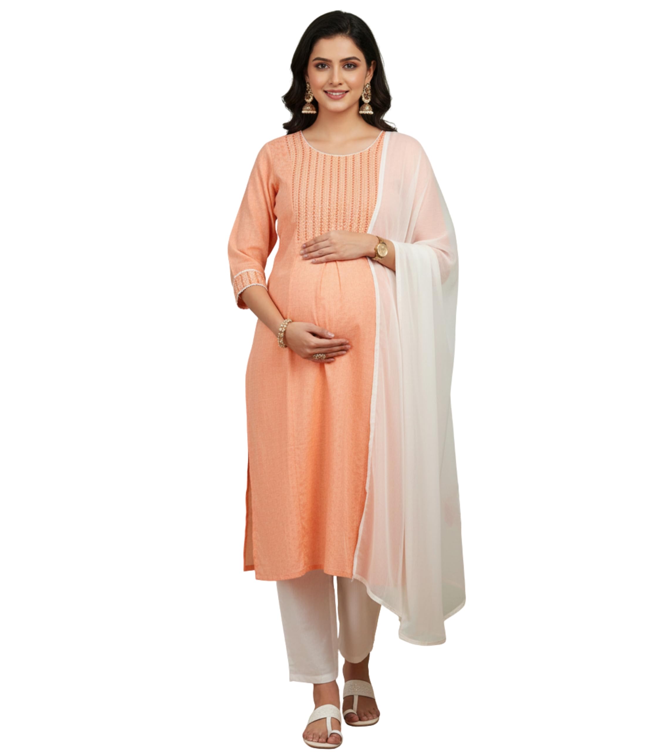 Maternity Kurta Set for Women Feeding | Cotton Blend Floral Embroidered Kurti Pant Dupatta Suit with Nursing Zippers to Pre & Post Pregnancy | Gift for Pregnant Woman-image-30