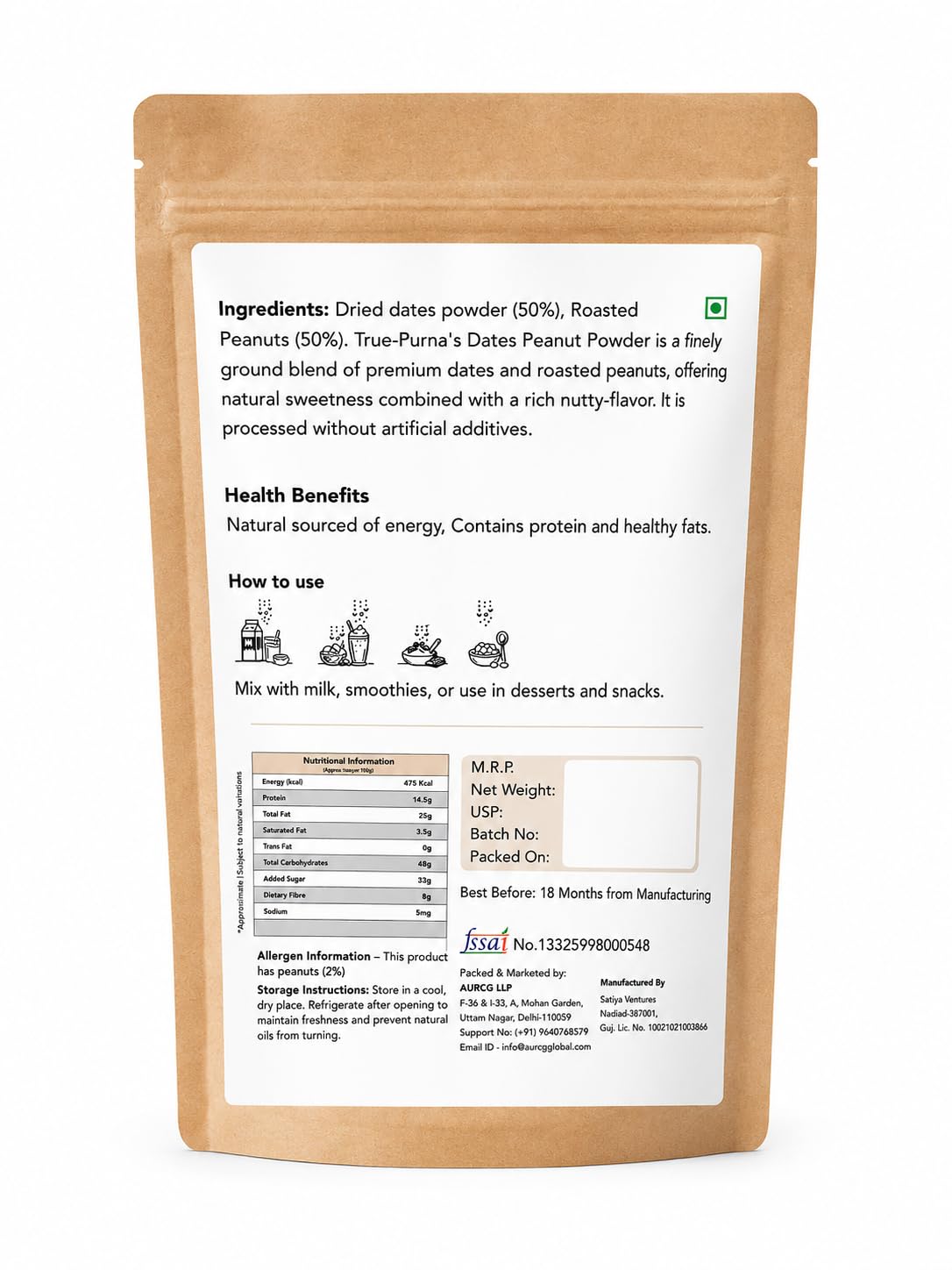 True-Purna Dates Peanut Powder 1 kg | 100% Natural Sweetener & Nutrition Mix | No Added Sugar & Gluten Free Nutrition Blend