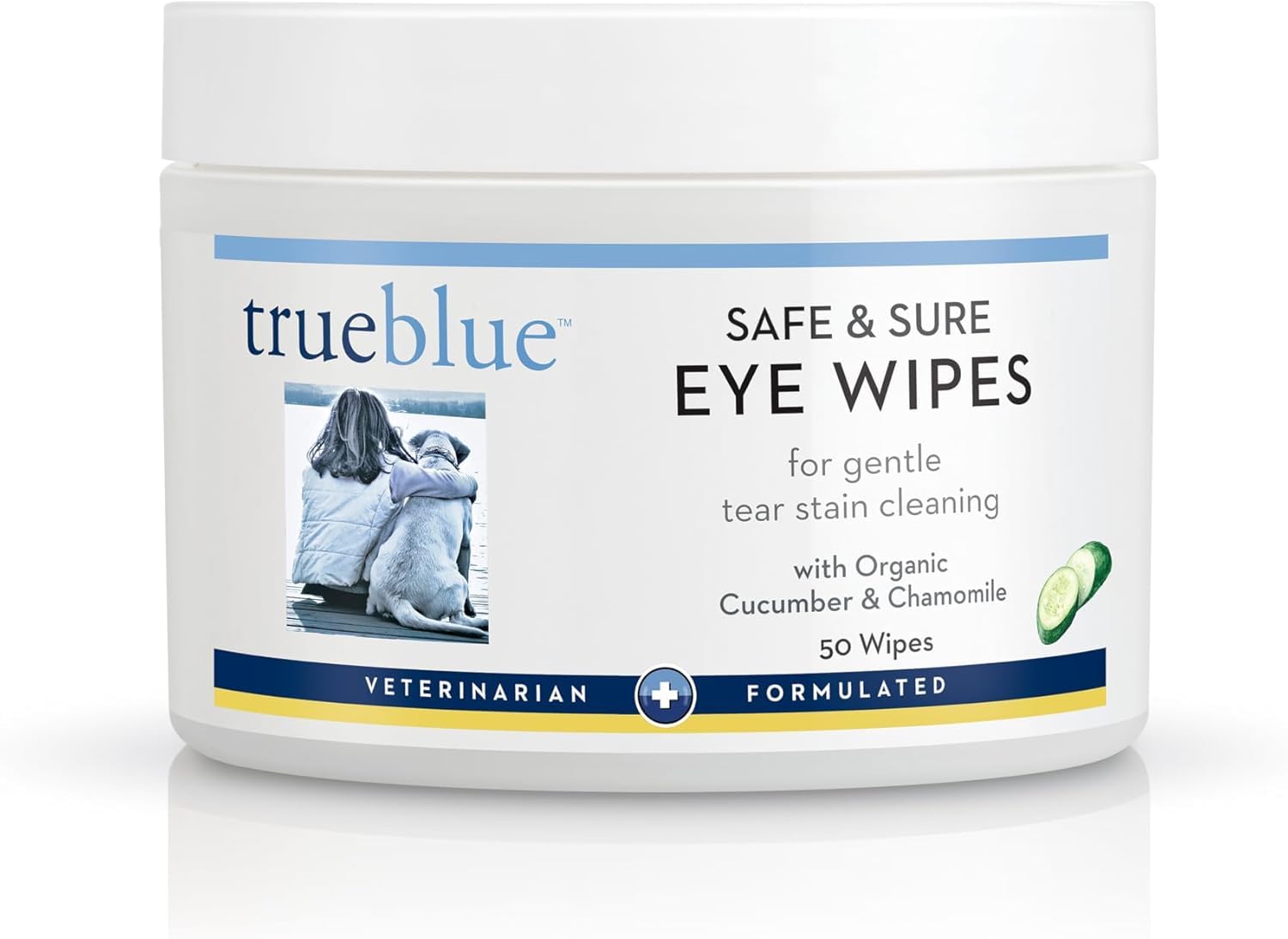 - TrueBlue Cucumber & Chamomile Safe and Sure Dog Eye Wipes – Pre-Moistened Textured Pads for Tear Stain Eye Cleaning – Cleansing Eye Wipe for Dogs, Puppies – Non-Toxic, All-Natural – 50 Count