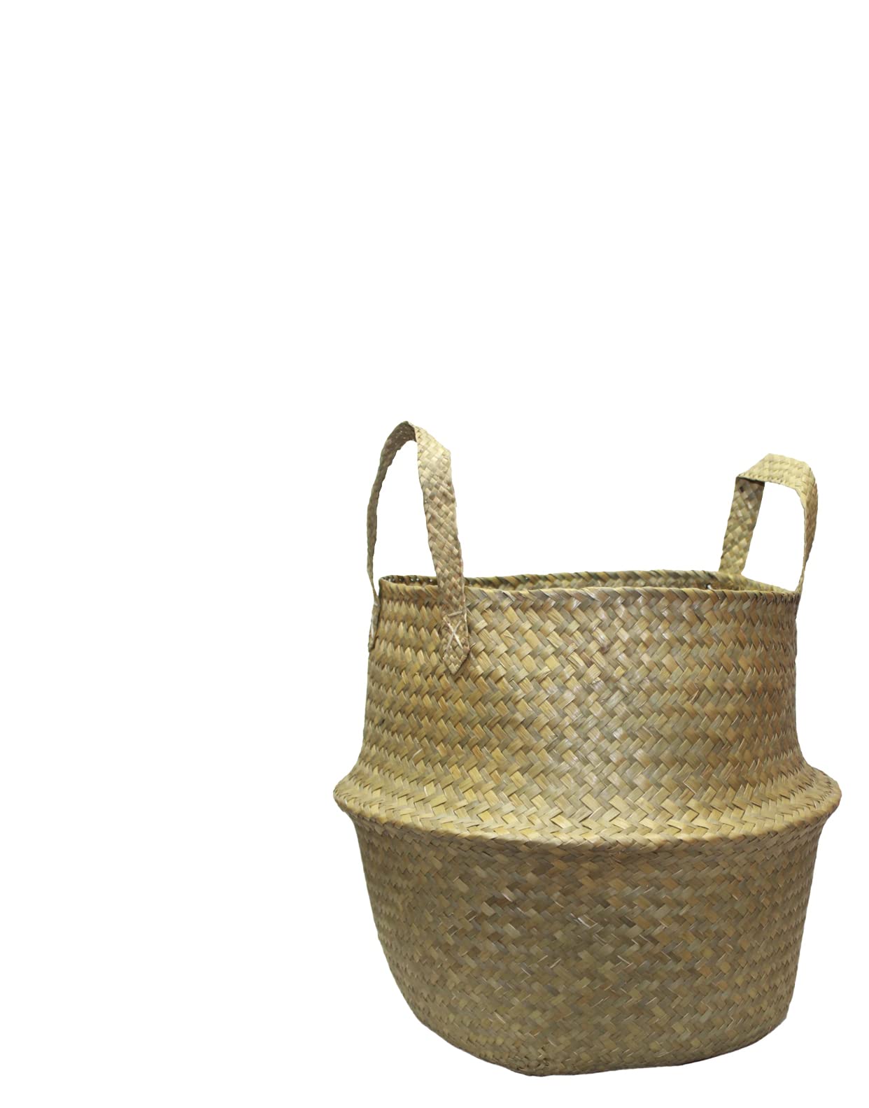 Muddy Hands Natural Seagrass Belly Basket With Handles Woven Foldable Laundry Storage Bag Planter Plant Pot Cover Holder (Mini - 14X14cm)