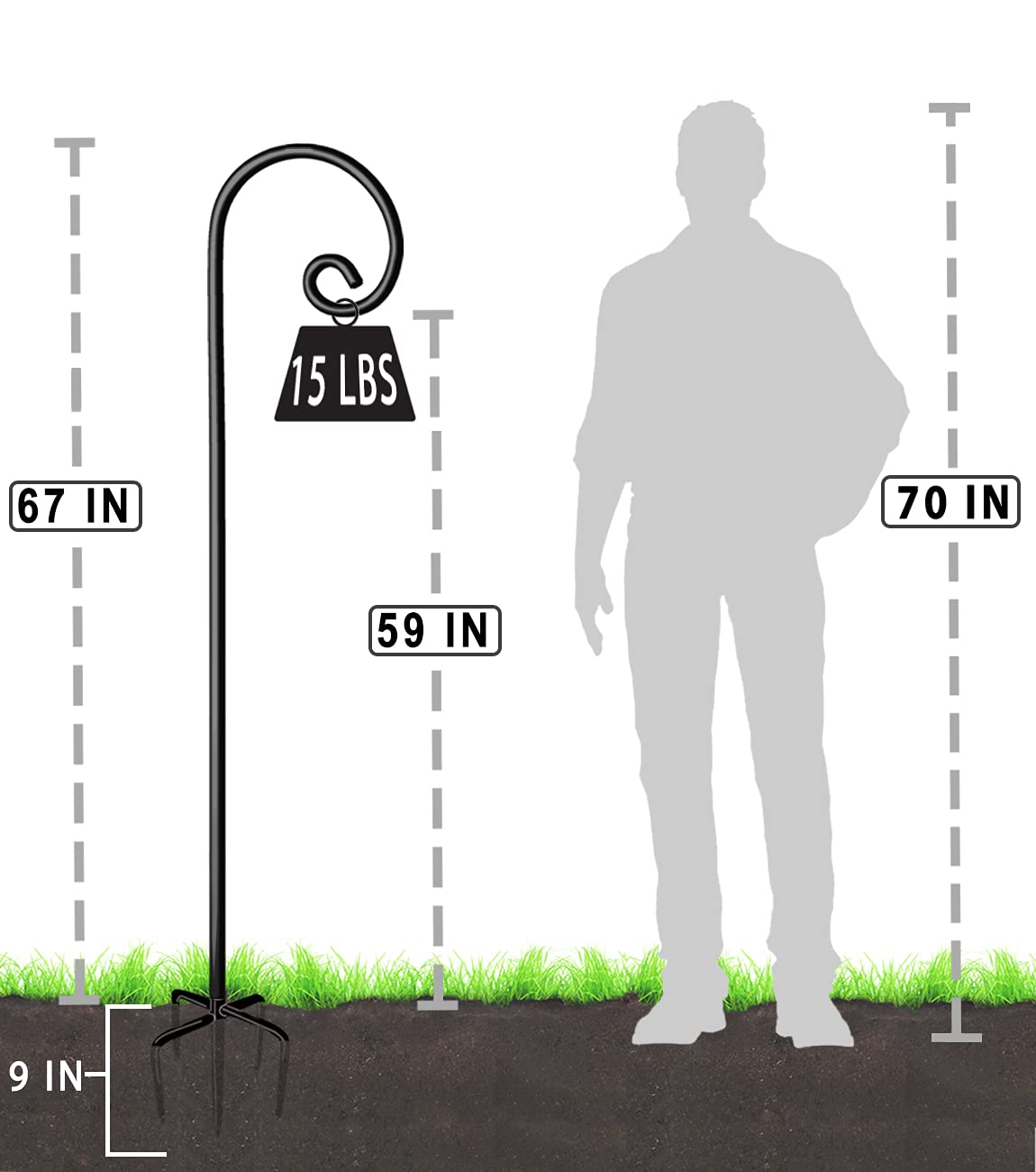 Artigarden Zewnętrzne haczyki owczarek 190 cm wysokości do karmienia dla ptaków (2 paczki), regulowane metalowe pręty ogrodowe do zawieszania roślin latarnia świetlna, jasna czarna