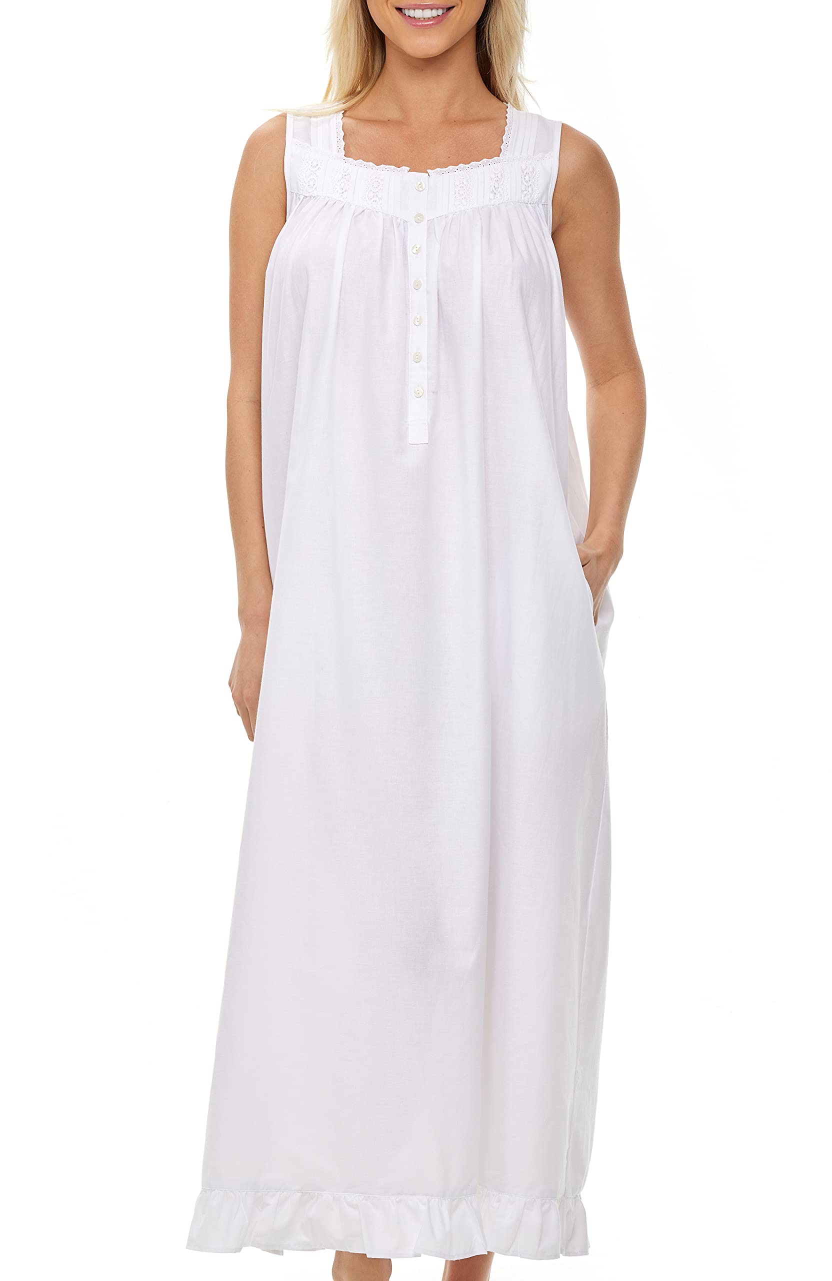Alexander Del RossaWhite Cotton Nightgowns for Women, Sleeveless Button Up  Long Vintage Night Dress Gown