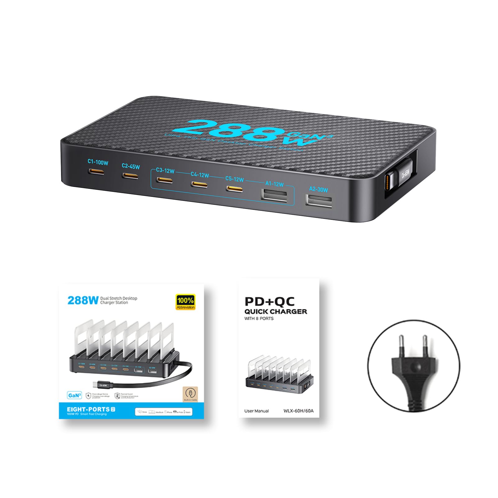 XUMIUZIY Stacja ładująca GaN USB C o Mocy 288 W, 8-portowa ładowarka Biurkowa z 6 Portami USBC i 2 Portami USBA, Adapter Szybkiej ładowarki do Wielu urządzeń, ze Zwijanym Kablem (288W)