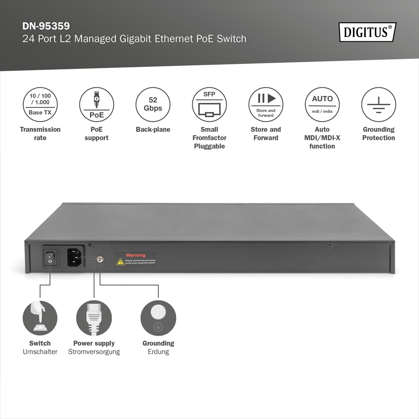 DIGITUS 27-Port Managed Gigabit PoE Netzwerk-Switch - 24 RJ45-Ports - 2 SFP-Ports - 1 Console-Port - 450W PoE-Budget - L2 Features - 19 Zoll - 10/100/1000 Mbps - schwarz, (DN-95359)