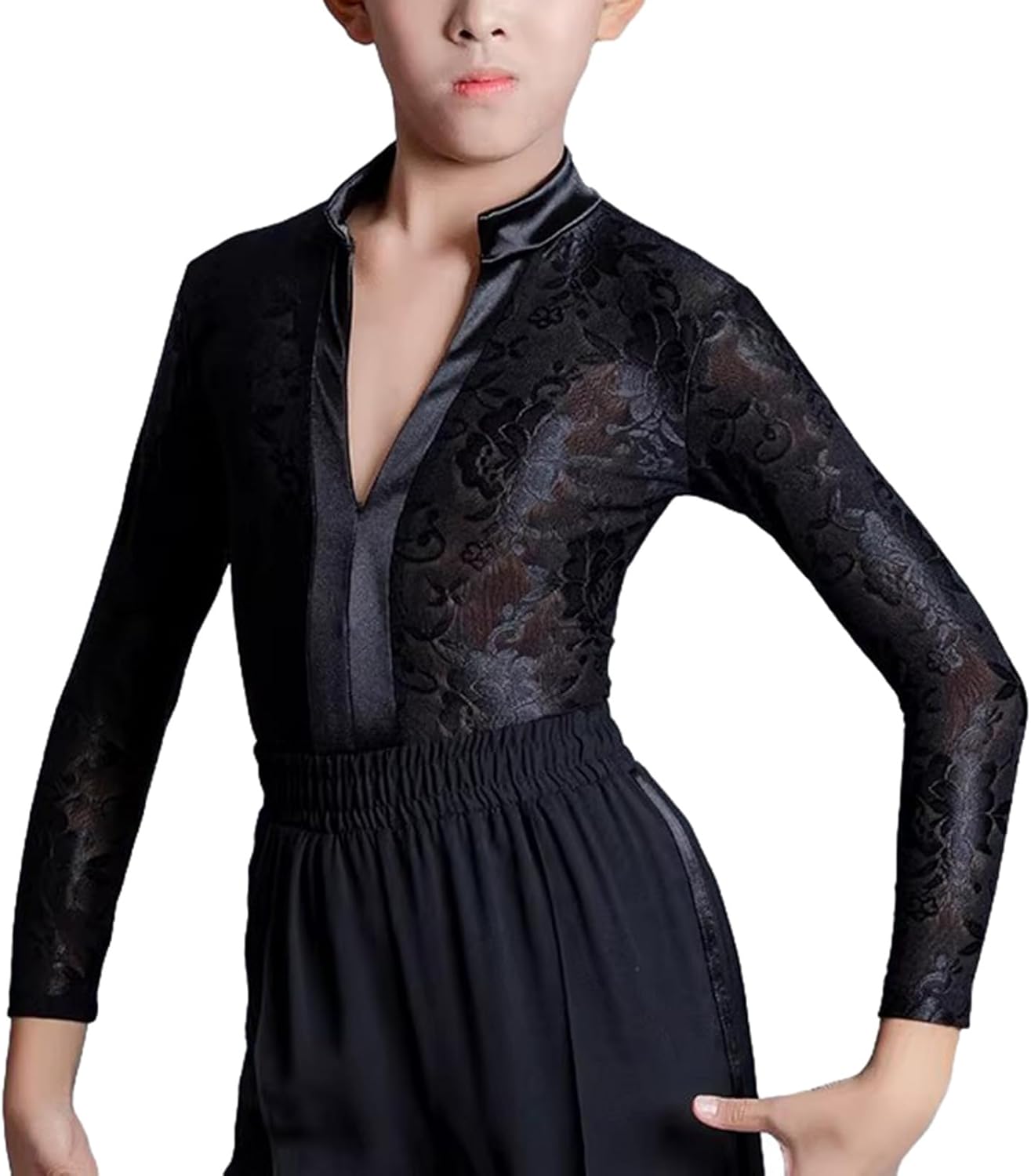Kids Boys Floral Lace Mesh Latin Modern Dance Shirt Tops Leotard Ballroom Dancewear V-Neck Bodysuit See-Through