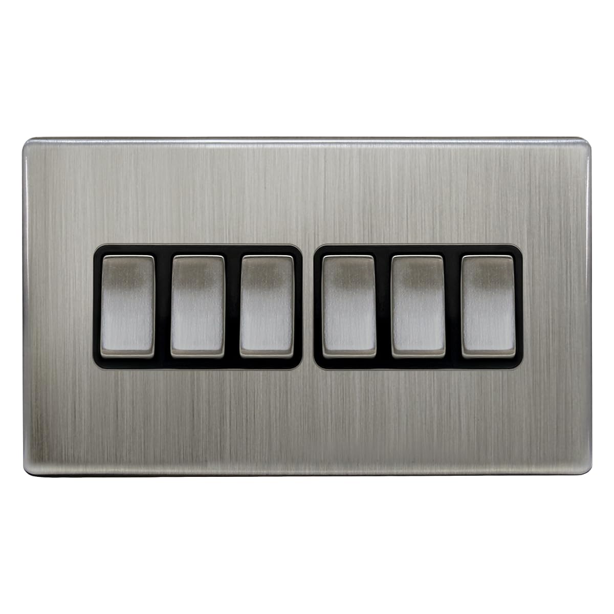 Light Switch 6 Gang 2 Way Brushed Chrome Wall Switch Screwless Plate Gloss Finish N310DME