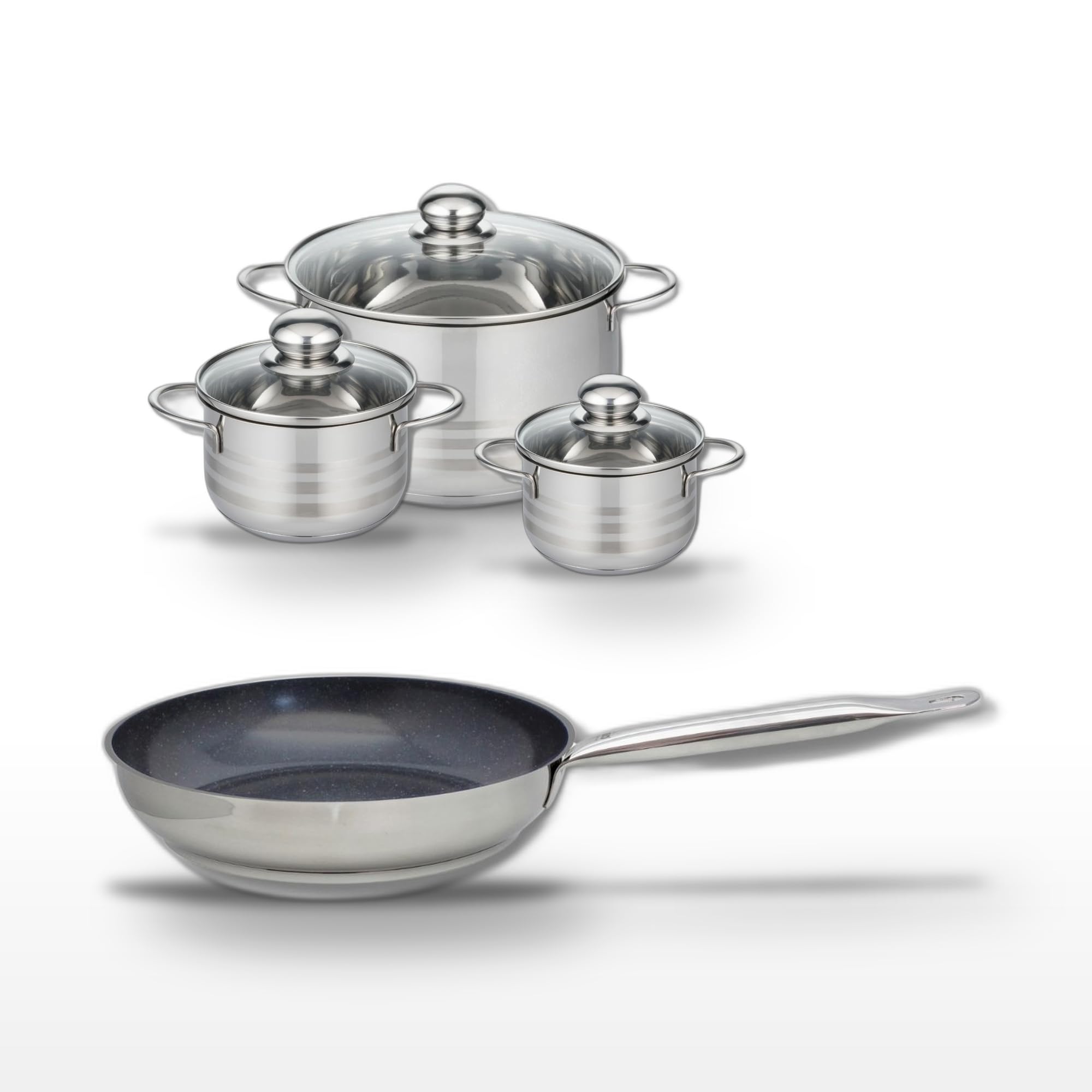 Elo Batterie cuisine poêle 24 cm et 3 faitouts 12/14/20 cm | Lot complet pour équiper la cuisine, 1 poêle 24 cm et 3 faitouts, Cuisson sur tous feux, Inox facile à vivre, Garantie 5 ans