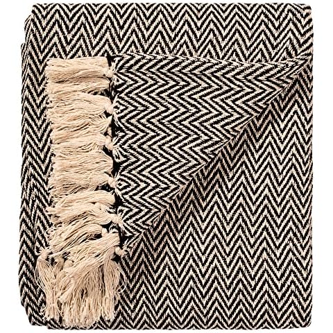 ETHNICITI Black Herringbone Chevron Recycled Cotton Woven Throw Sofa Bedspread for Settee Armchair Fringe Blanket Picnic Mat - 130x180cm Cover