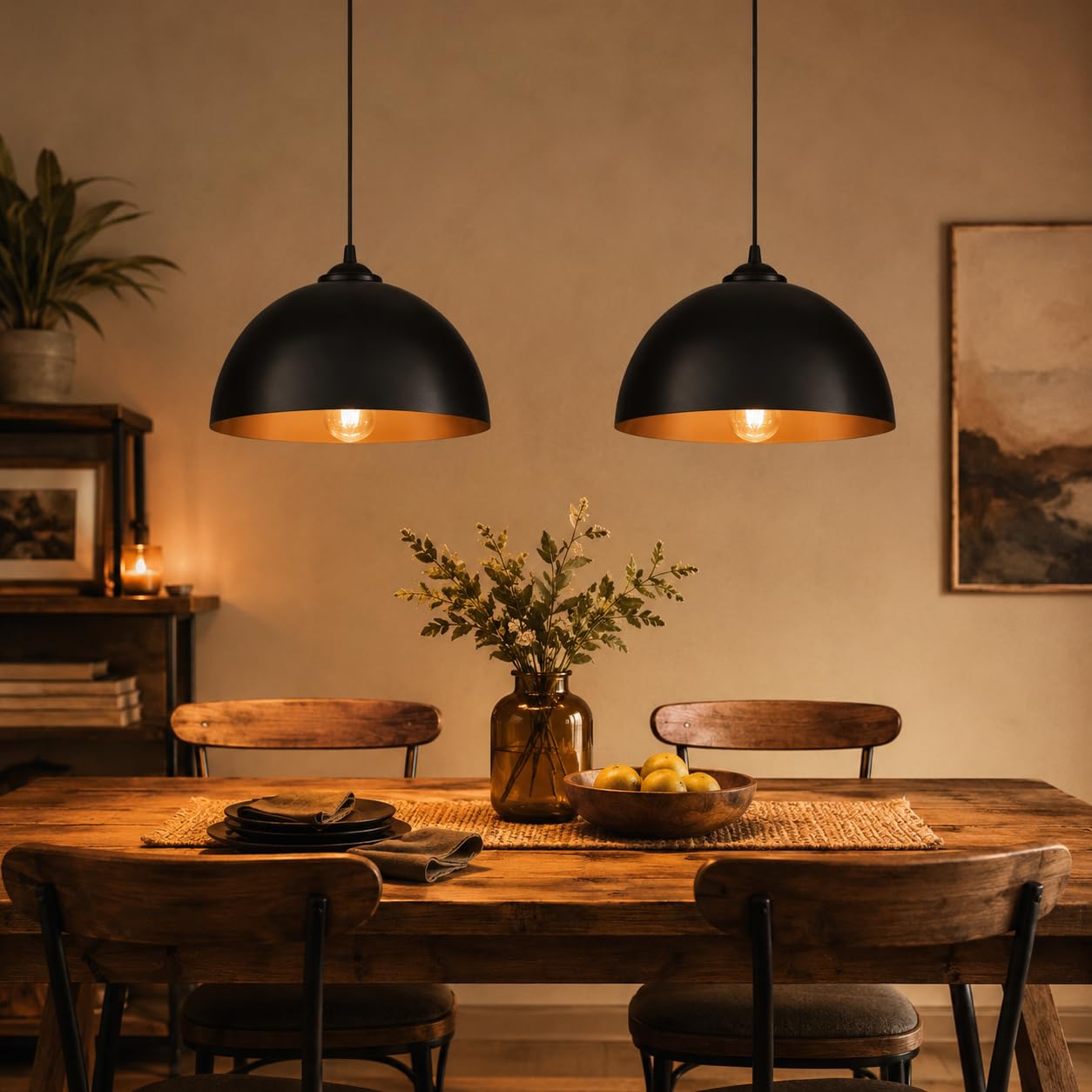 Set di 4 lampade a sospensione in metallo nero e oro, vintage, E27, diametro 30 cm, lampada a sospensione con cavo regolabile, lampada per tavolo da pranzo, cucina, soggiorno, sala da pranzo