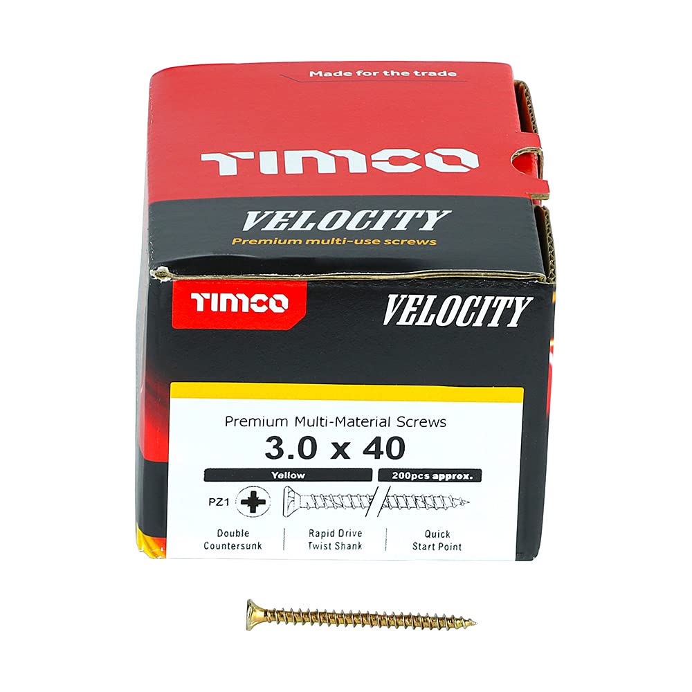 Timco Yellow Velocity Premium Multi-Use Countersunk Gold Woodscrews - 3.0 X 40 - Box Of 200